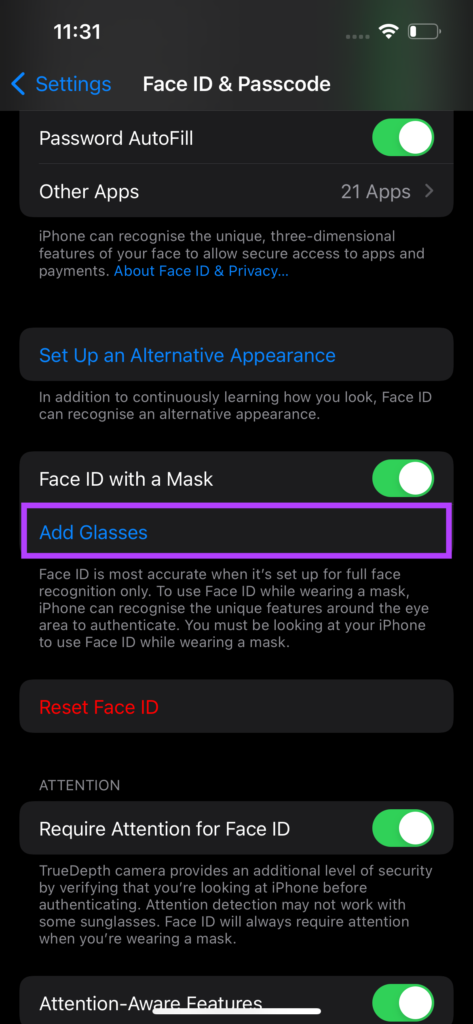 Ajouter des lunettes pour Face ID