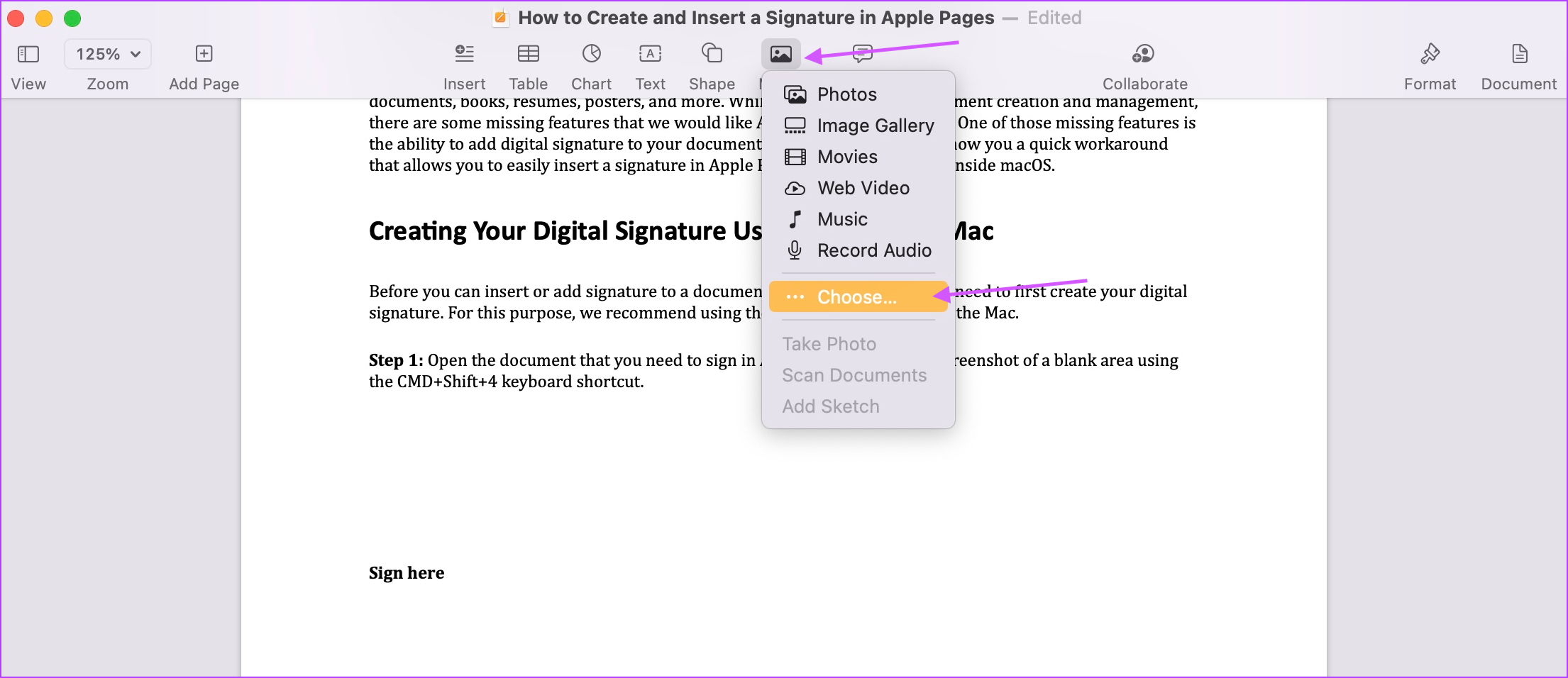 Insérez votre signature dans les pages Apple 1