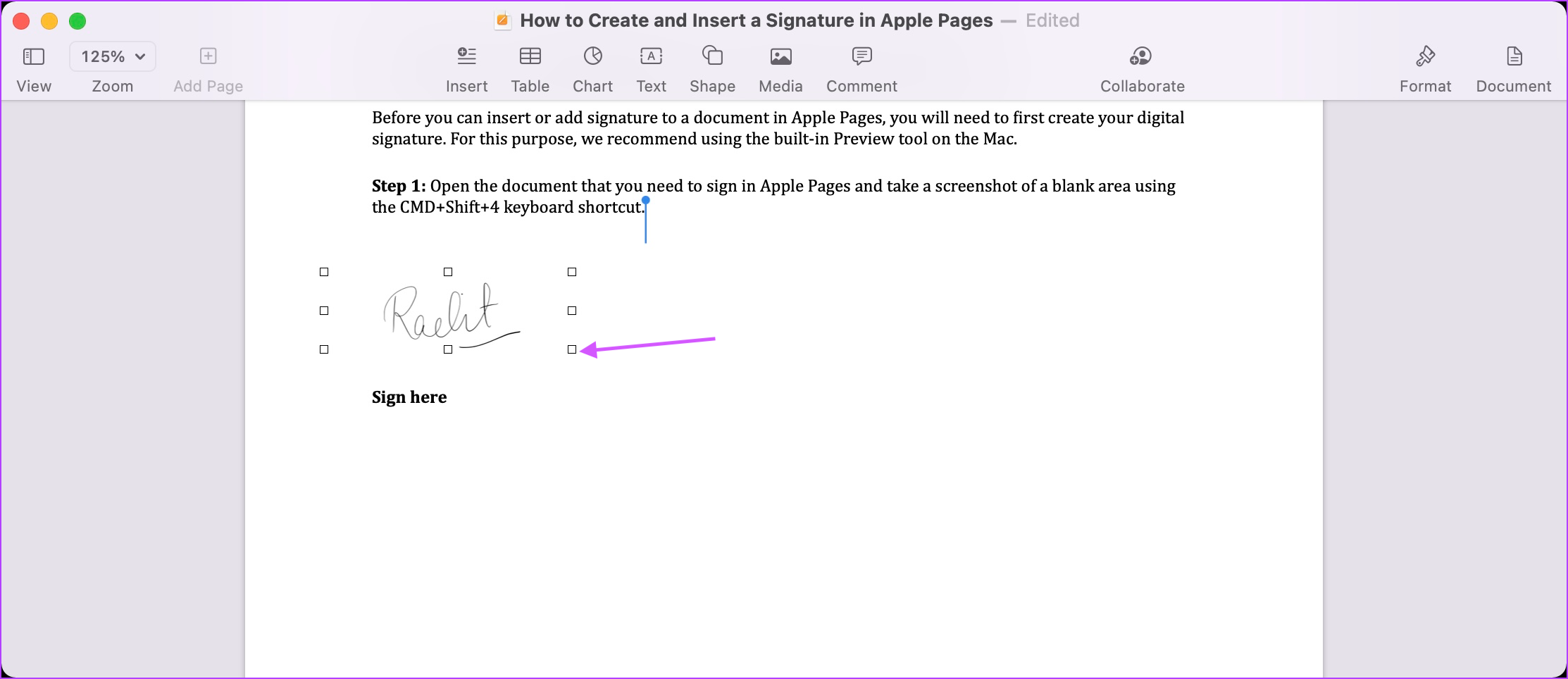 Insérez votre signature dans les pages Apple 3