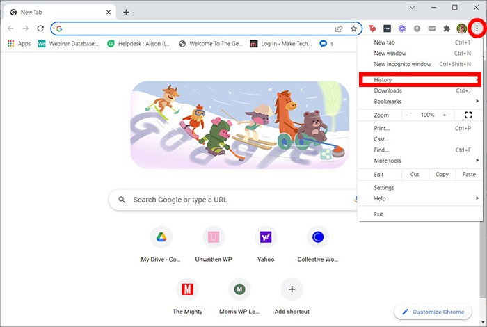 Menu de l'historique de navigation des contrôles parentaux de Google Chrome