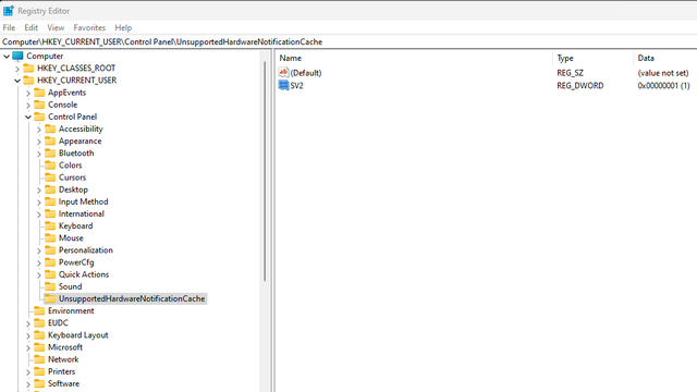 UnsupportedHardwareNotificationCache regedit