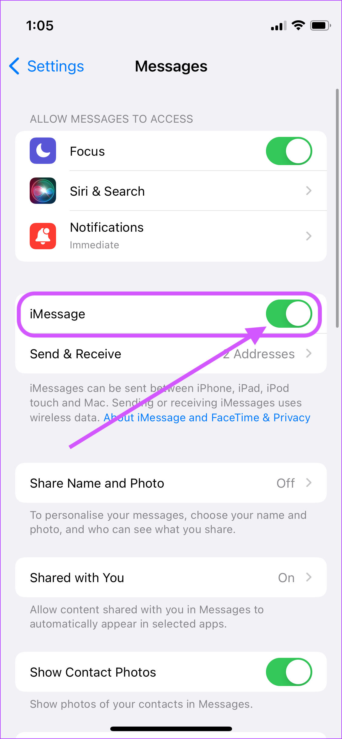 Assurez-vous que iMessage est activé 2