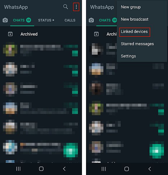 Accès au menu déroulant dans la session Web mobile WhatsApp