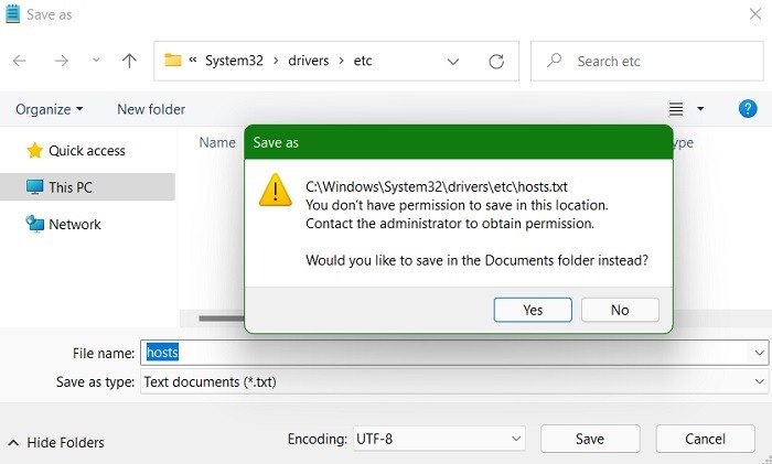 Erreur d'enregistrement du fichier des hôtes Windows en mode non administrateur