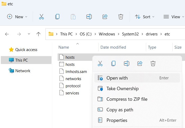 Fichier hôtes Windows Windows11 Ouvrir clic droit