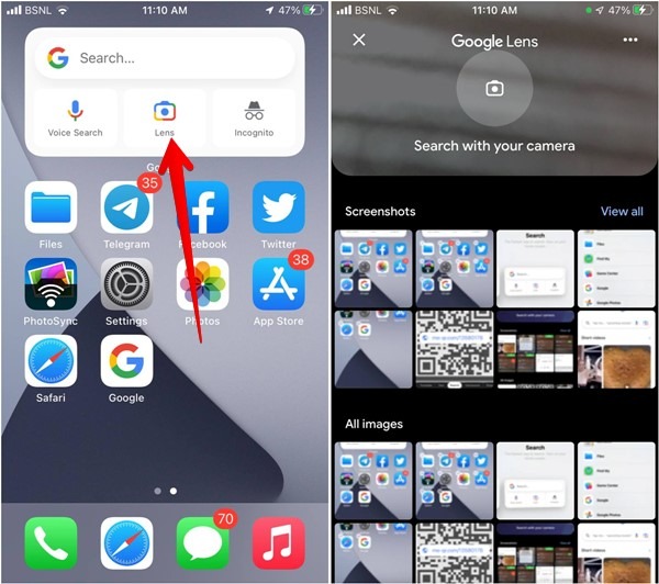 Scanner le code QR Capture d'écran Image Iphone Google Lens Widget Appuyez sur
