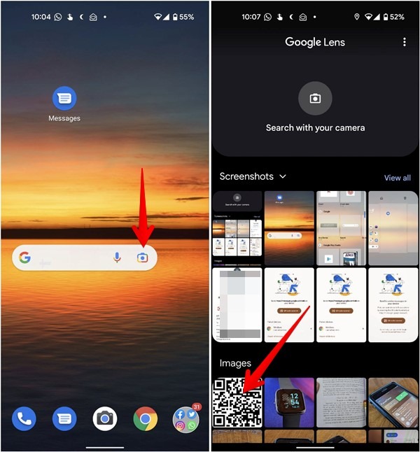 Scanner le code QR Capture d'écran Image Android Google Lens Sélectionner une image