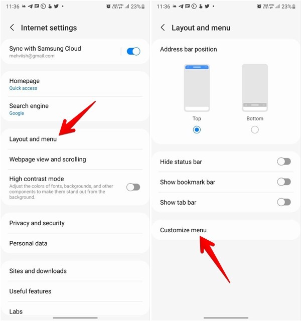 Scanner le code QR Image de capture d'écran Navigateur Internet Samsung Personnaliser le menu