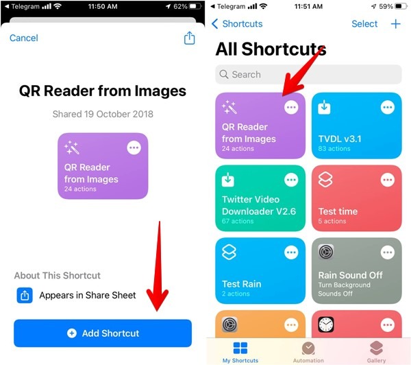 Scanner le code QR Capture d'écran Image Raccourci iPhone Installer