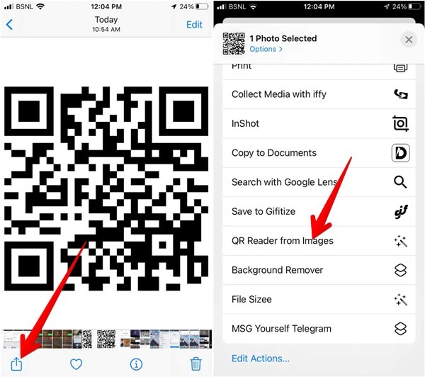 Scanner le code QR Capture d'écran Image Raccourci Iphone Partager la feuille