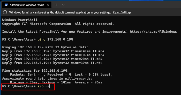 Administrateur Windows Powershell Entrez la commande Arp