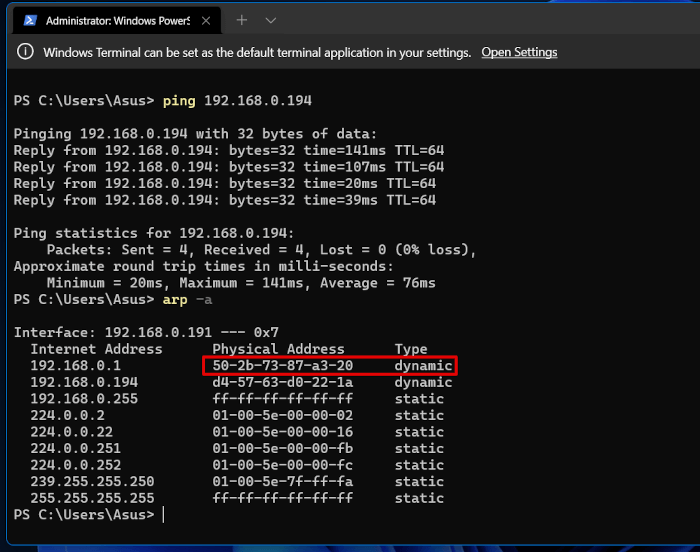 Adresse Mac de l'administrateur Windows Powershell