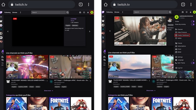 ouvrir le tableau de bord du créateur depuis twitch mobile