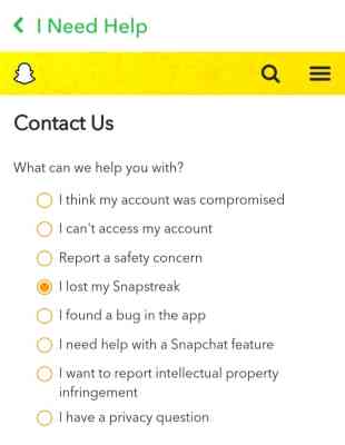 Snapchat, contactez-nous, j'ai perdu mon option Snapstreak
