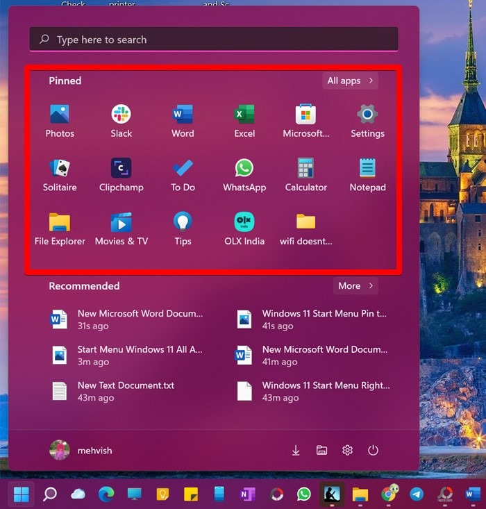 Applications épinglées du menu Démarrer de Windows 11