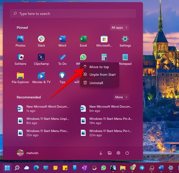 Épingler le menu Démarrer de Windows 11 en haut