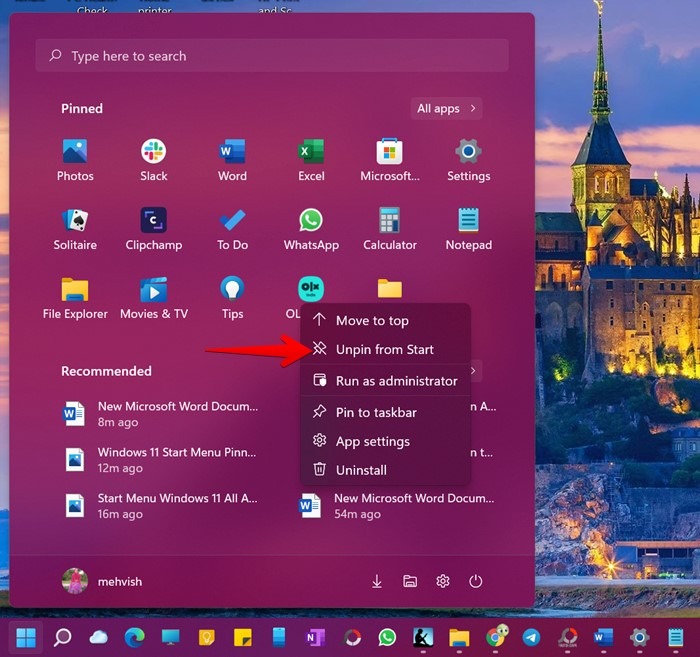 Menu Démarrer de Windows 11 Désépingler l'application