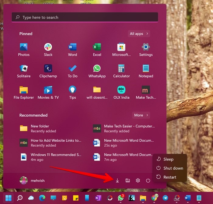 Menu Démarrer des icônes de Windows 11