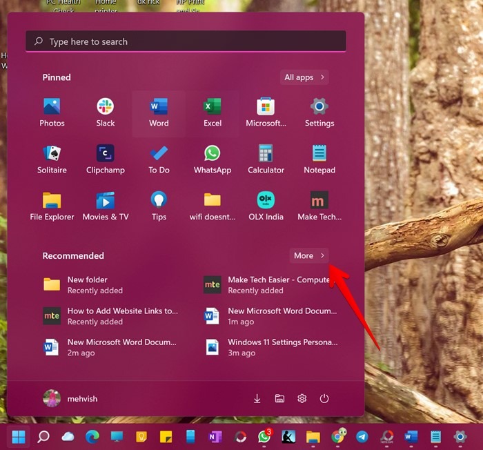 Menu Démarrer recommandé de Windows 11