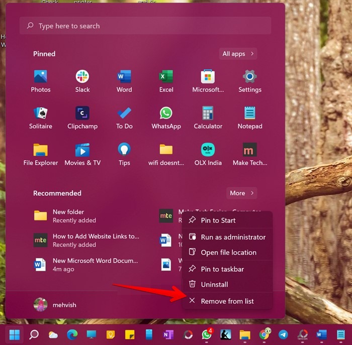 Menu Démarrer de Windows 11 Supprimer l'élément recommandé