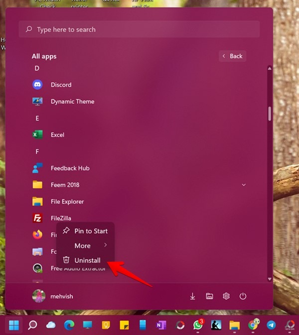 Menu Démarrer des applications de désinstallation de Windows 11