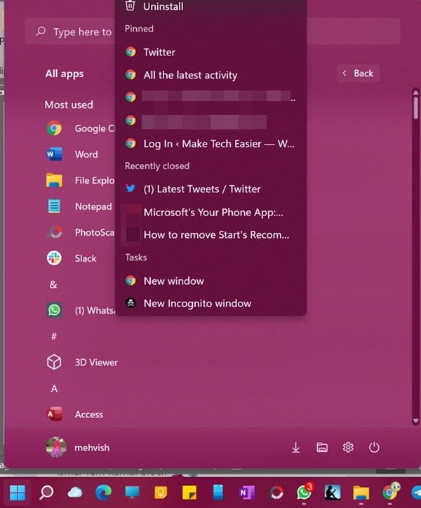 Clic droit sur les applications Windows 11