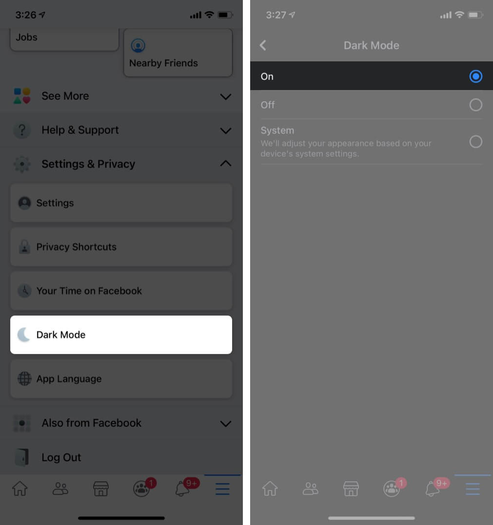 Appuyez sur le mode sombre pour l'activer dans Facebook sur iPhone