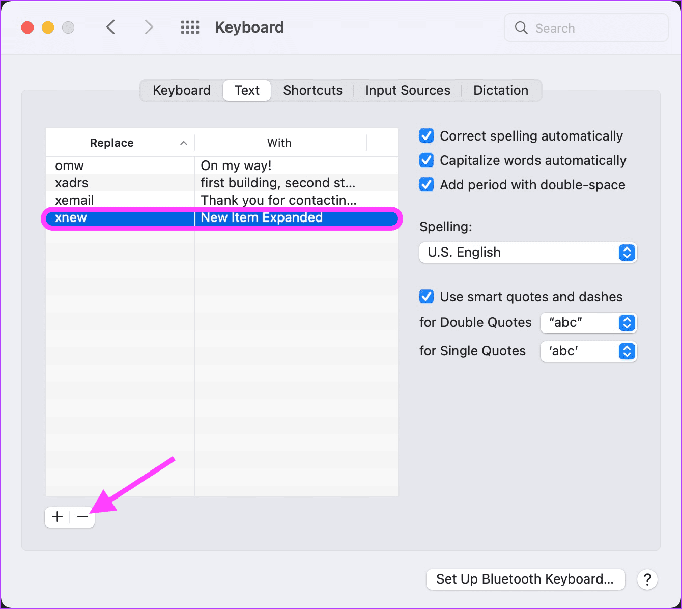 4. Ajouter un nouvel élément de remplacement de texte et le supprimer 5