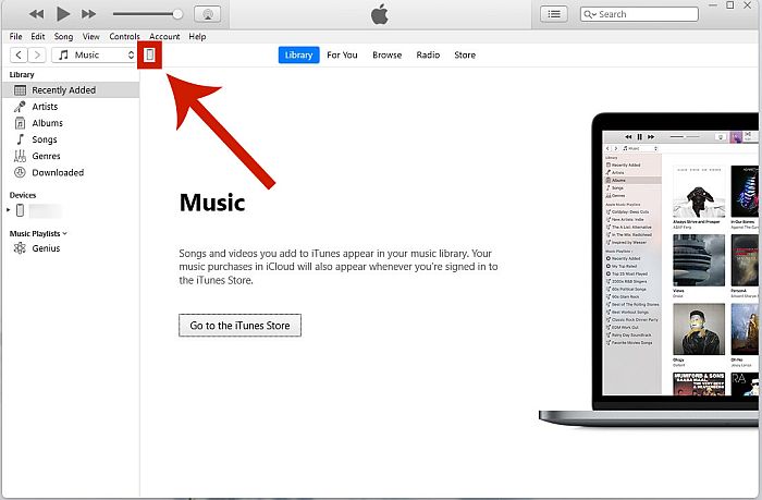 L'icône de l'appareil sur l'écran d'accueil d'iTunes