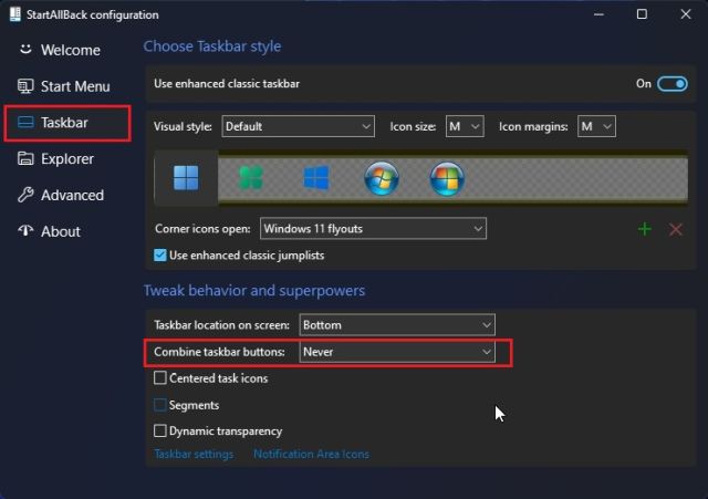 Dégrouper les icônes de la barre des tâches de Windows 11 avec StartAllBack