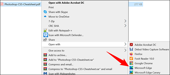Cliquez avec le bouton droit sur le PDF et choisissez Ouvrir avec > Microsoft Edge.