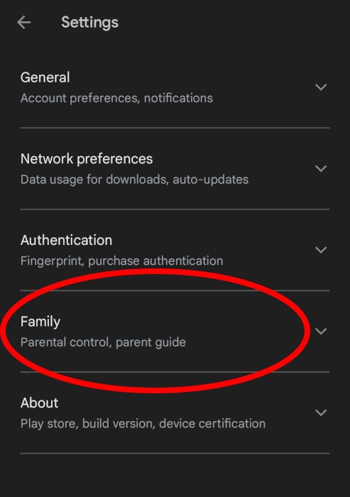 Contrôles parentaux Android Paramètres Google Play