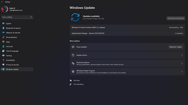 mise à jour vers Windows 11 Insider Preview Build 22581