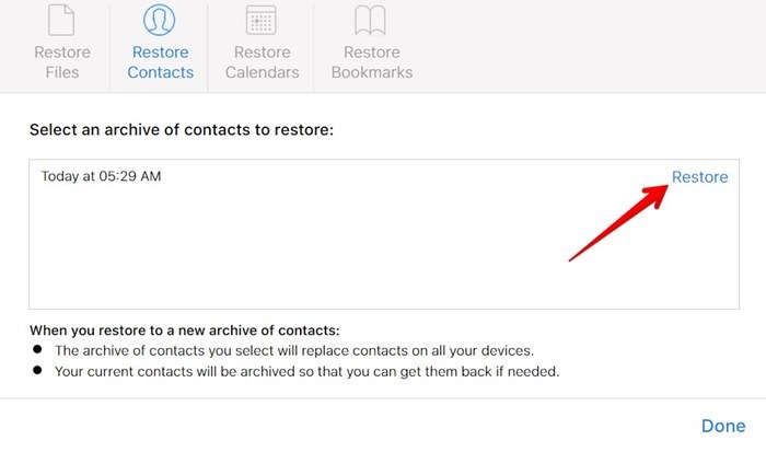 Supprimer plusieurs contacts Récupérer des contacts Icloud Restore Archivee