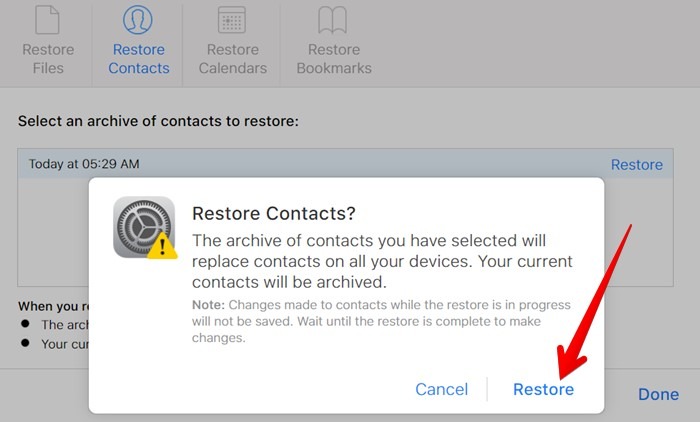 Supprimer plusieurs contacts Récupérer des contacts Restaurer Icloud Confirmer