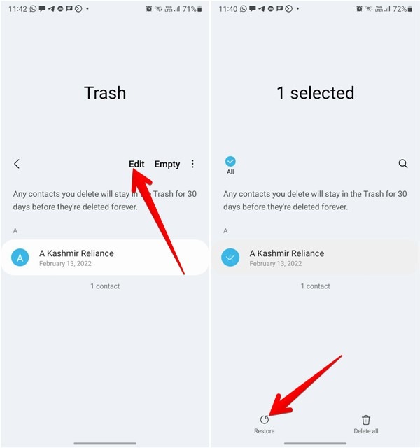 Supprimer plusieurs contacts Samsung Trash Restore