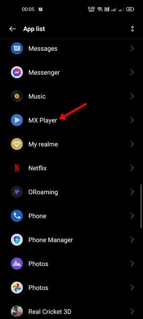 appuyez sur l'application MX Player