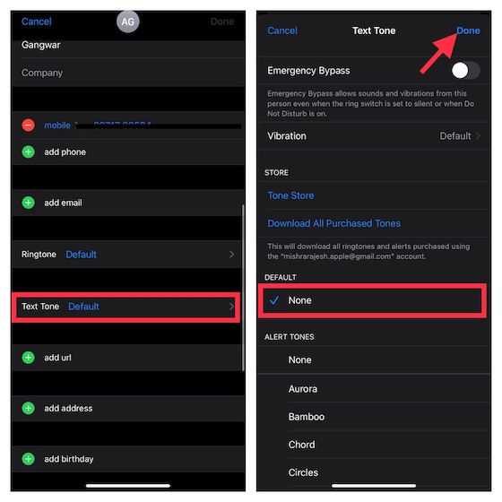 Désactiver une personne dans l'application Contacts sur iOS