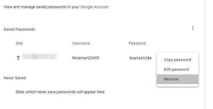 Mots de passe Navigateurs Dot Chrome Supprimer le mot de passe