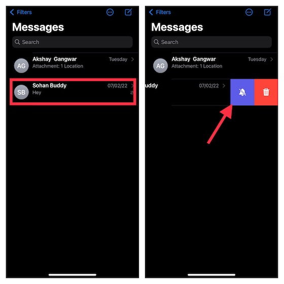 Désactiver les fils de conversation spécifiques dans les messages sur iPhone 