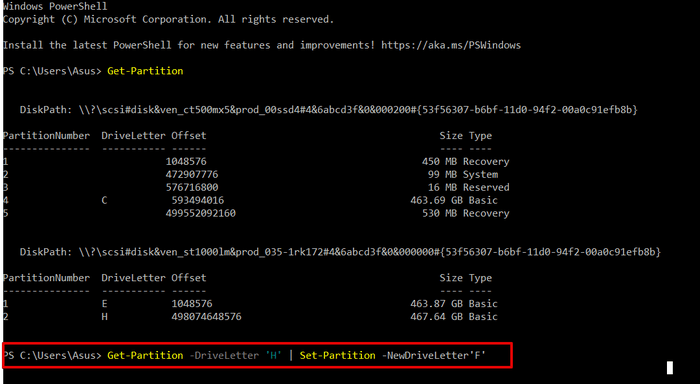 Paramètres Windows Powershell Nouvelle lettre de lecteur