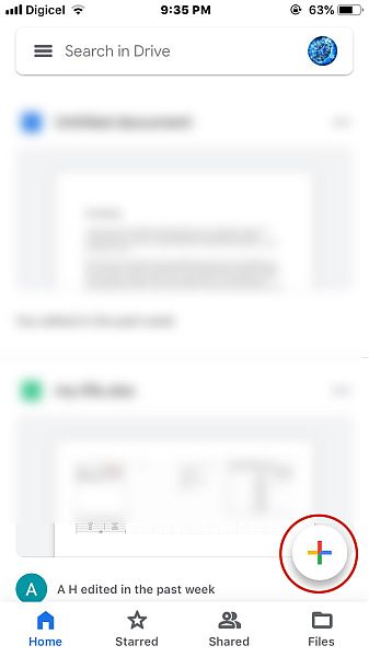 Écran d'accueil de Google Drive avec l'icône plus en surbrillance