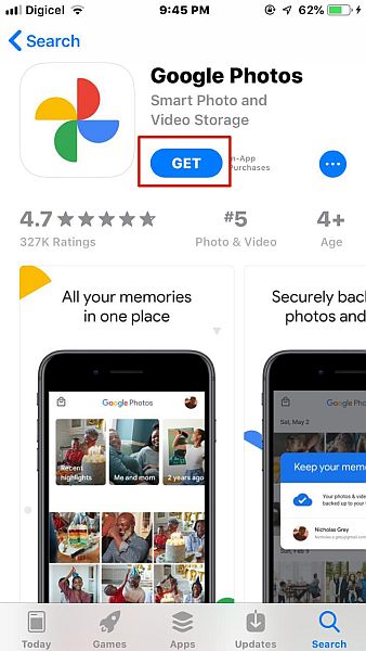 Page de l'application Google Photos dans l'App Store