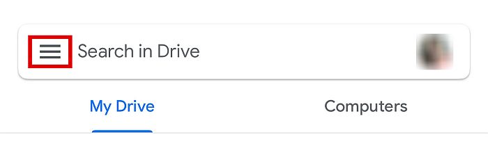 Partie supérieure de l'interface Google Drive dans iOS avec l'icône hamburger en surbrillance