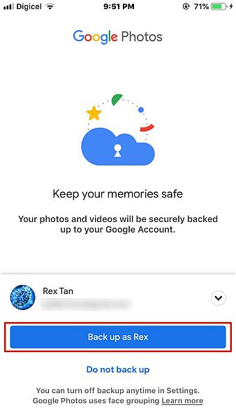 Écran de requête de sauvegarde sécurisée des photos Google