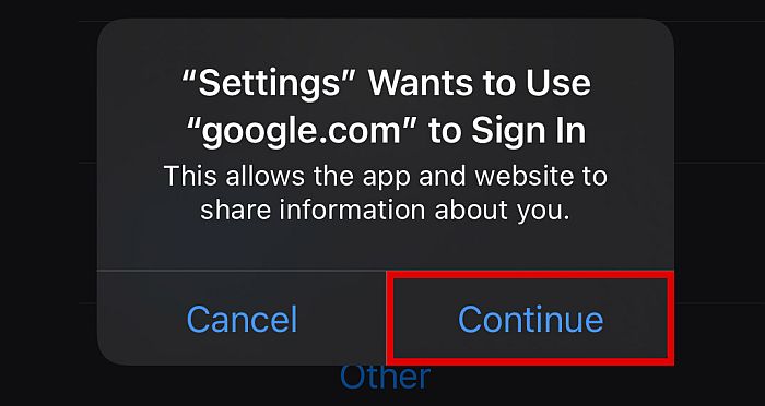 Invite de connexion Google.com pour les comptes iPhone