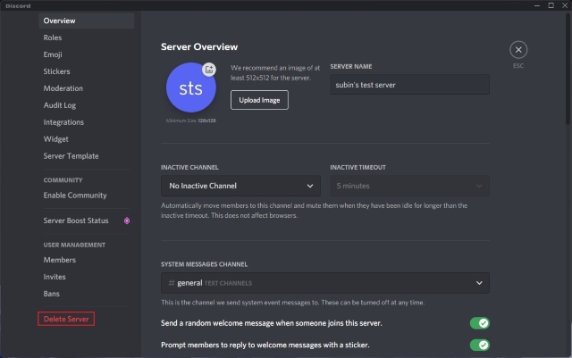 cliquez sur supprimer le serveur dans la barre latérale gauche pour supprimer le serveur Discord