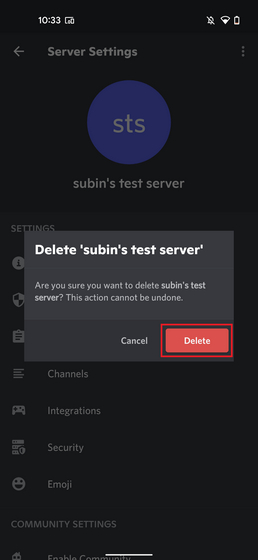 confirmer la suppression du serveur Discord du mobile