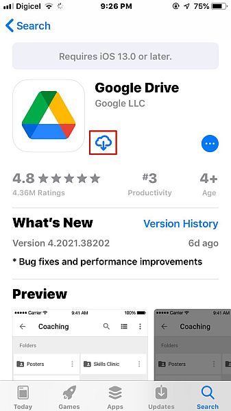 Page de détails Google Drive dans l'App Store