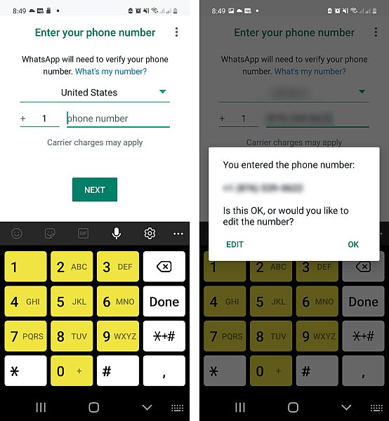 Saisie du numéro de téléphone pour la vérification du compte dans WhatsApp